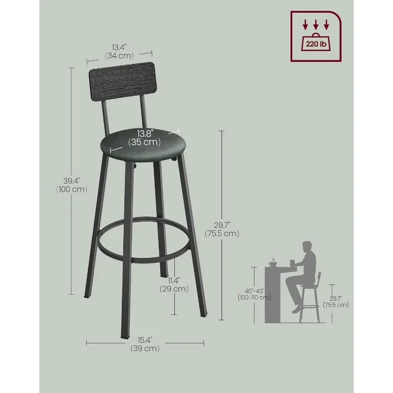 Bar Stools, Set of 2 PU Upholstered Breakfast Stools, 29.7 Inches Barstools with Back and Footrest, Simple Assembly, for Bar