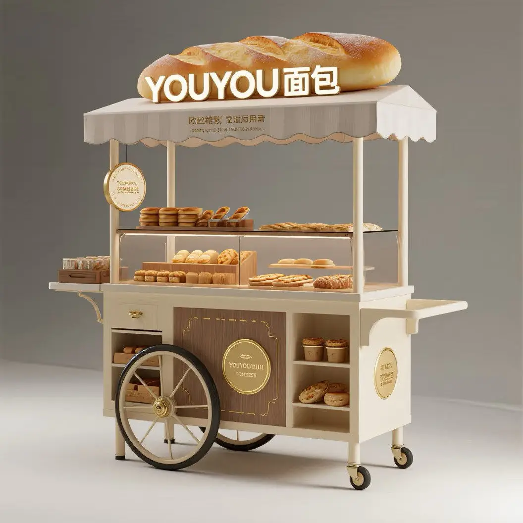 Iron Wrought Wood Grain Mobile Van Multi-level Display Stand with Wheeled Cart, Commercial Store Vice Car