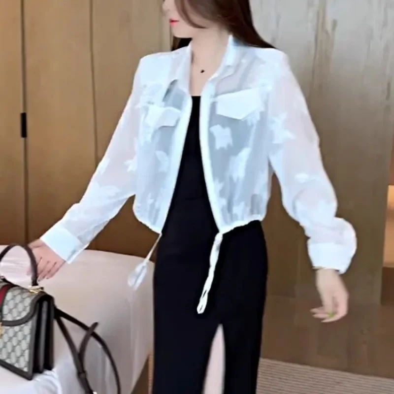 Summer Solid Color Fashion Long Sleeve Jacket Women High Street Thin Style Embroidered Button Cardigan Drawstring All-match Tops