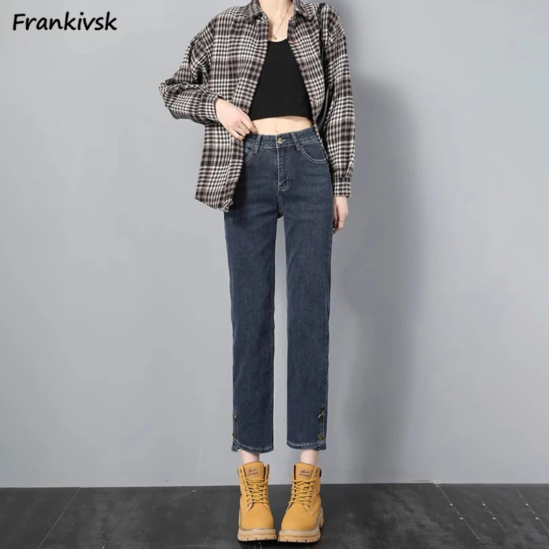 

Women Jeans Slim Button Denim Hipster Spring All-match High Waist Vintage Ankle-length Pockets Korean Style Slit Fashion New Fit