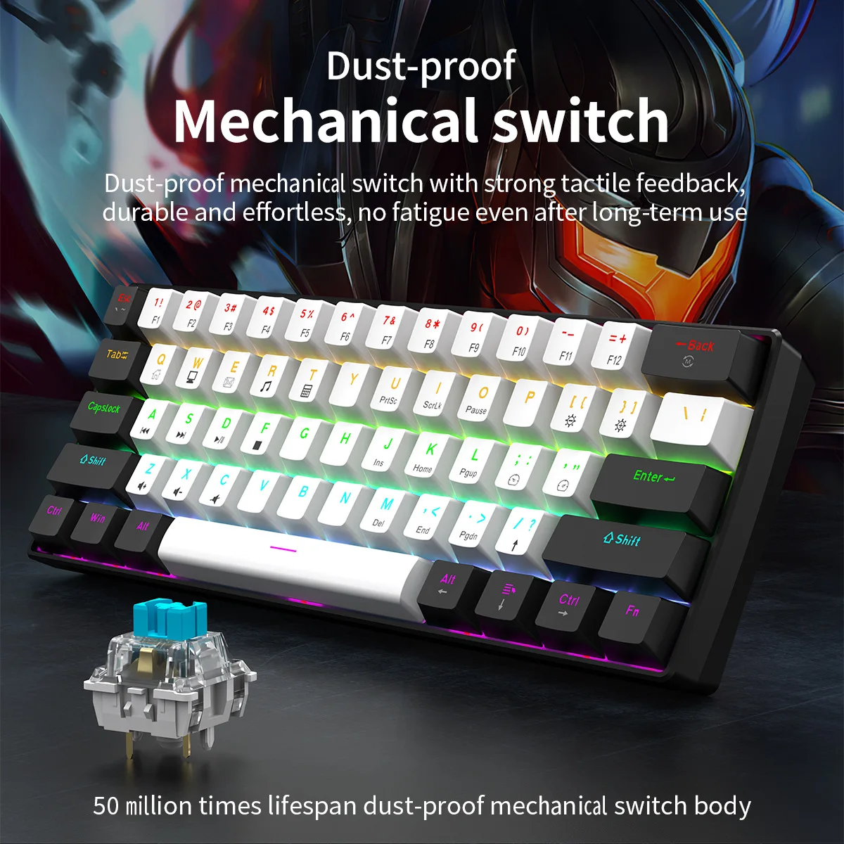 

61-key mechanical keyboard blue axis double color block mini luminous gaming portable small computer keyboard