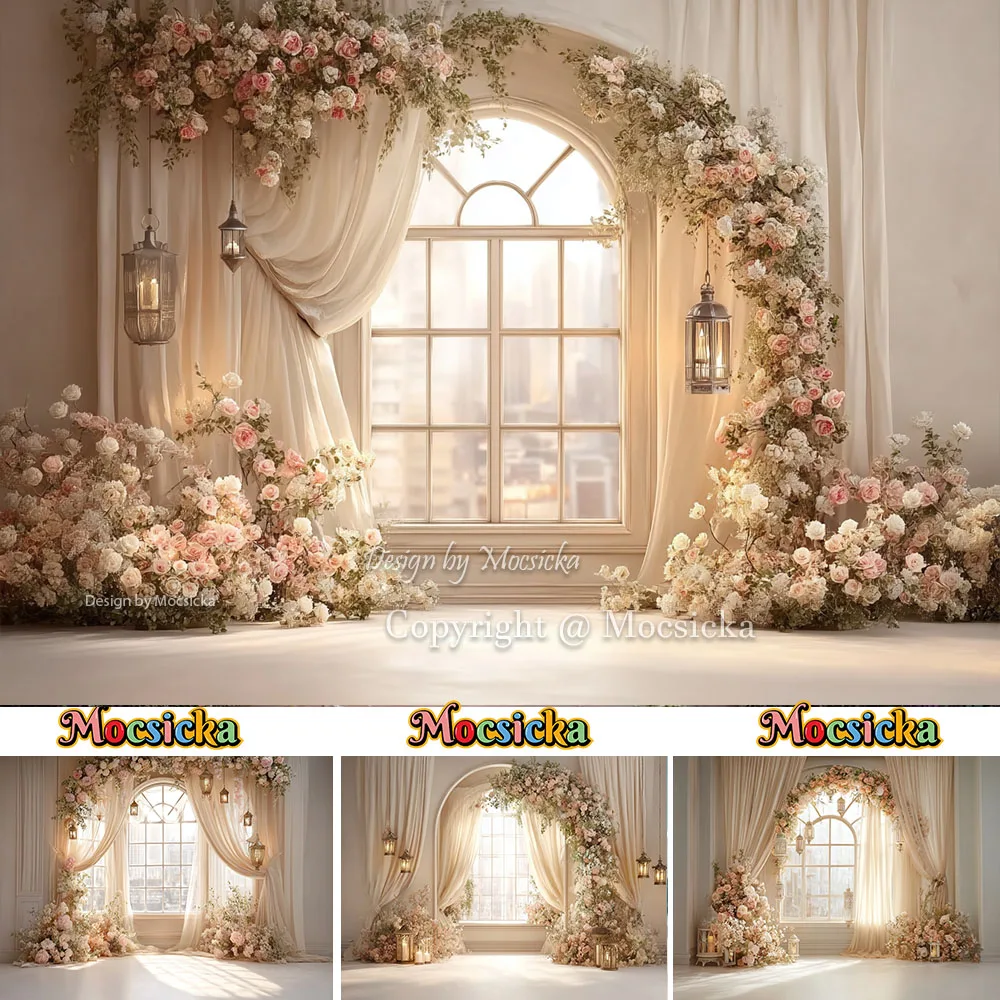 Mocsicka Pink Floral Room Maternity Portrait Backdrop Window Draped Curtain Lantern Background Wedding Birthday Party Photobooth