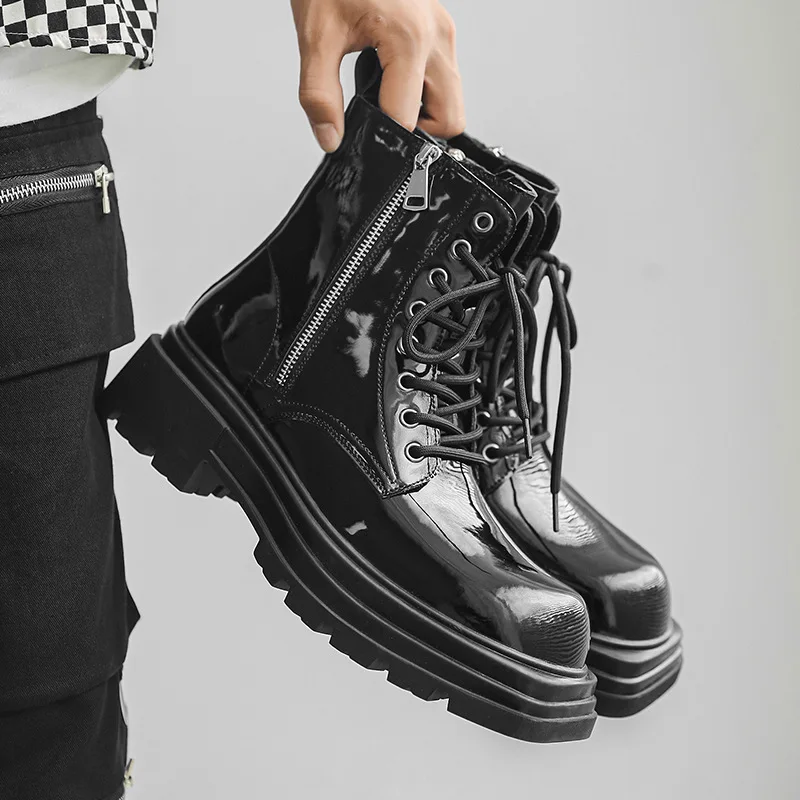 England style mens fashion platform boots black stylish patent leather shoes stage nightclub high motorcycle botas mans footwear