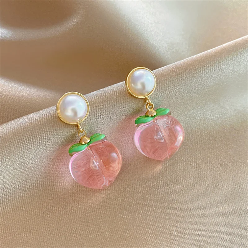 Delicate Simulated Pearl Peach Shaped Earrings for Women Temperament Pink Peach Cherry Drop Earring Girls Daily Jewelry Gift