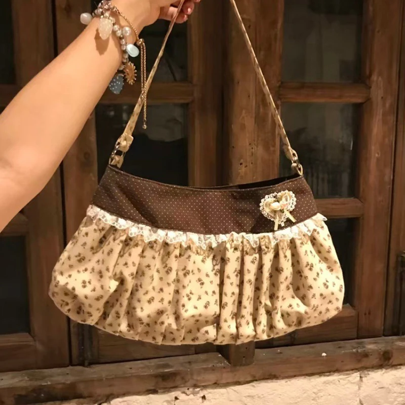 Korean Style Polka Dot Ruched Shoulder Bag Casual Commuter Armpit Bag Trendy Retro All-Match Handbag Soft Women Underarm Purse
