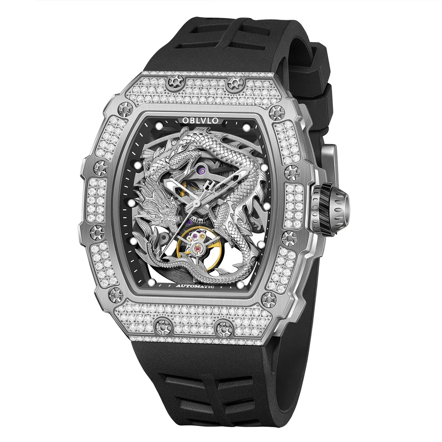 

OBLVLO Men Automatic Watch Tonneau Mechanical Wristwatch Luminous Hollow Out Dragon Dial Sapphire Mirror Crystal Bezel