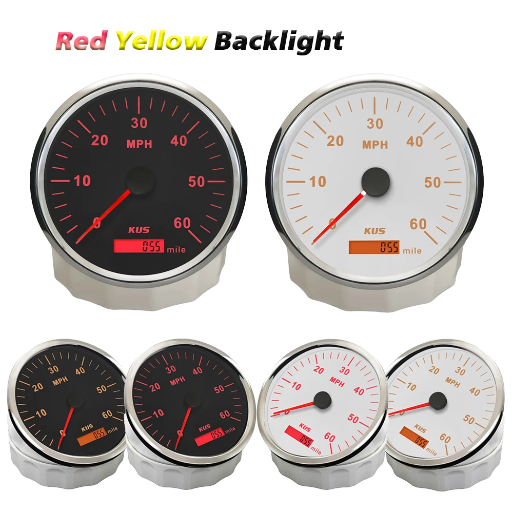 KUS Universal 110mm GPS Speedometer Speed Gauge 0-60MPH 12V 24V with Red Yellow Backlight for Truck Vessels Yachts Motorboat