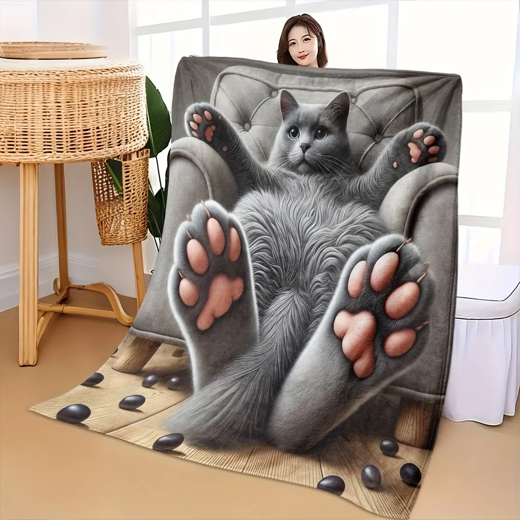 1pc Scandinavian Style Gray Cat Blanket - HD British Shorthair Design Soft Flannel Shawl, All-Season Universal Sofa/Bed Cover -