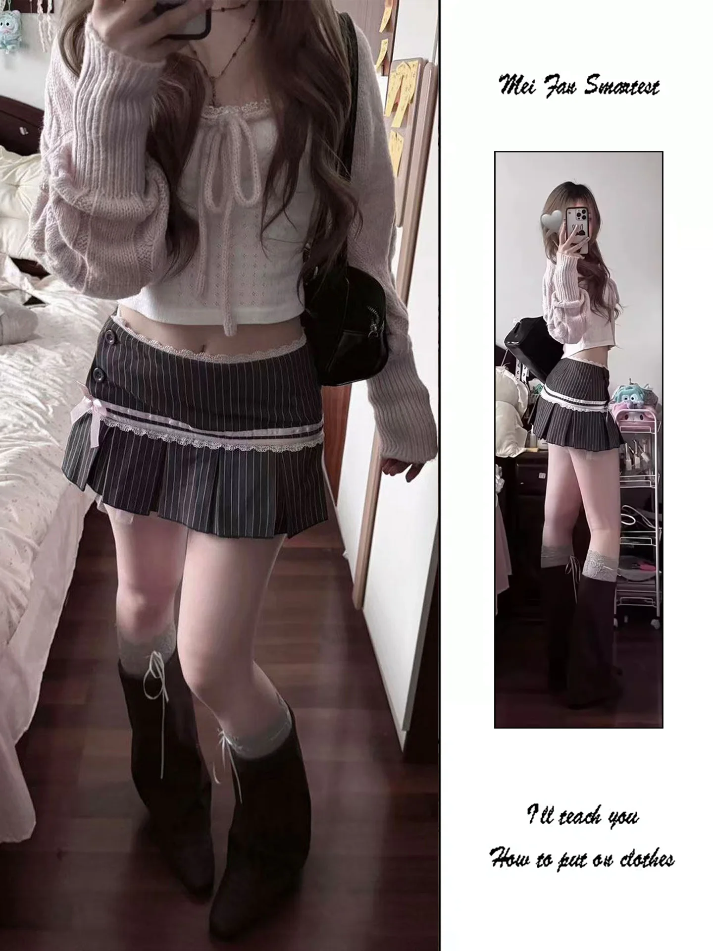 

Sweet American Retro Knot Lace Stripe Pleated Skirt Women Spring Autumn Low Waist Ultra Short Skirt Half Body ...