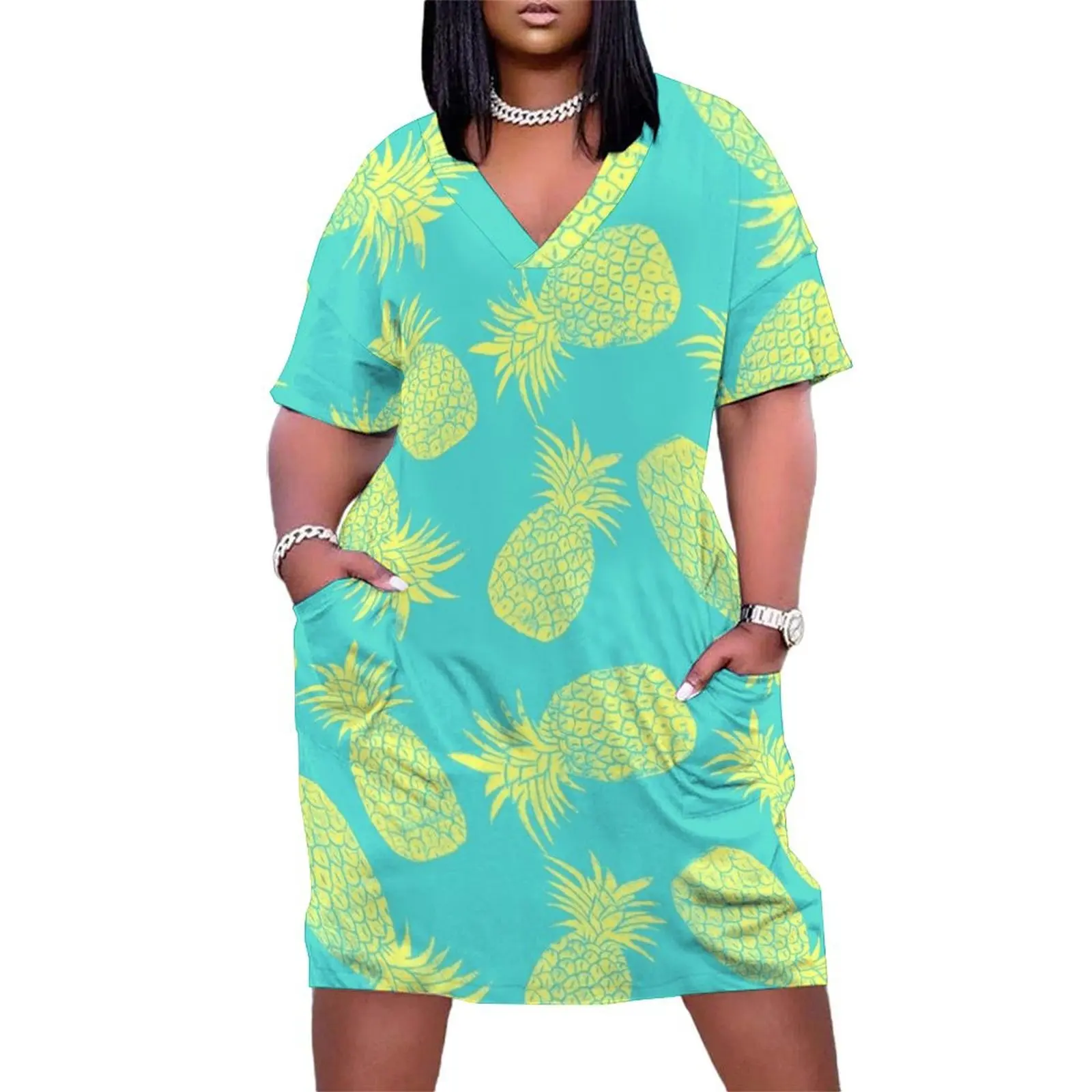 

Pineapple Pattern - Turquoise & Lemon Loose Pocket Dress Woman's evening dress Dresses