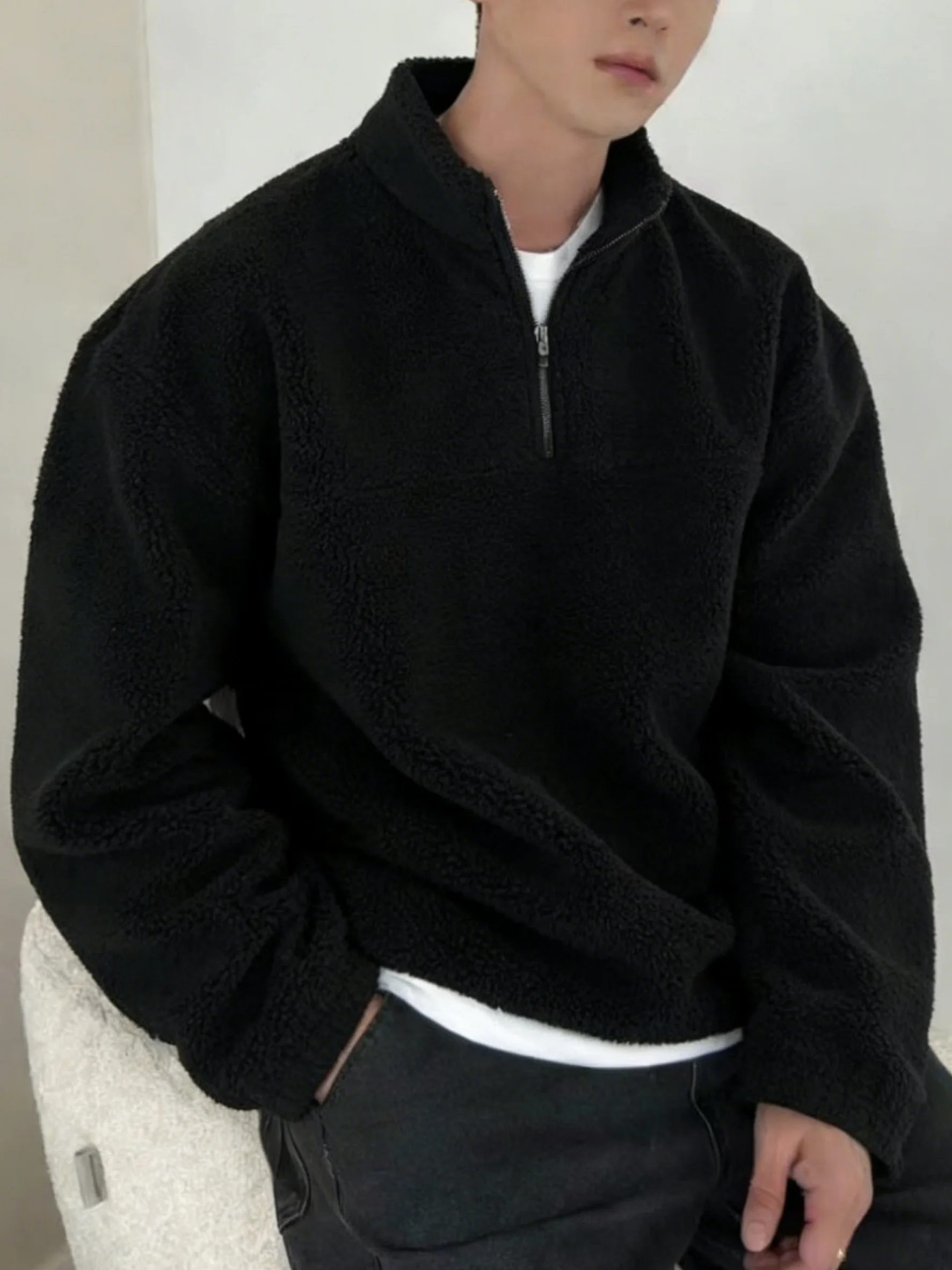 Men Half Zip Fleece Sweatshirt, Stand Collar Loose Solid Color Warm Autumn Daily Street Casual Pullover Jacket view 5