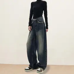 Vintage Baggy Straight Denim Trousers for Women 2023 American Fashion High Waist Jeans Streetwear Autumn All-Match Casual Pants