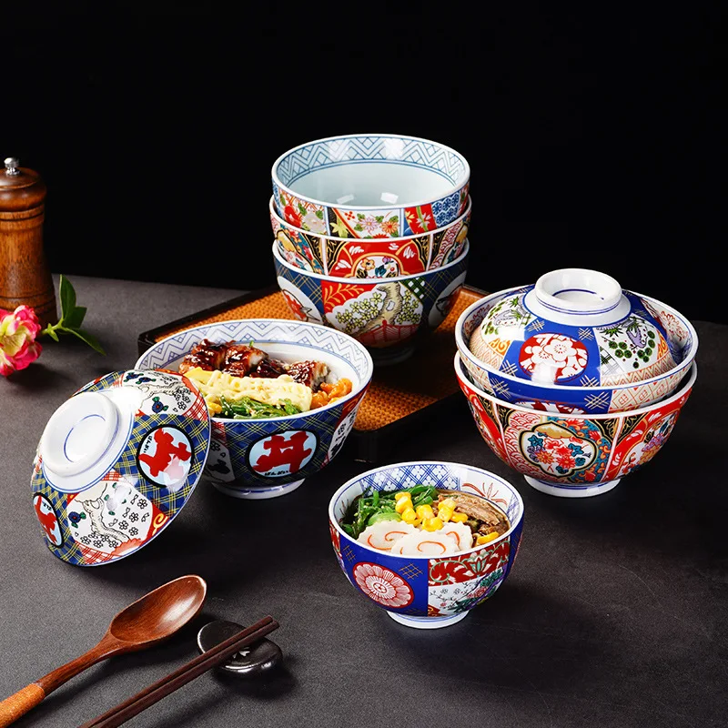 Yjq Japanese Style With Cover Bowl Ceramic Tableware Household Bowl Creative Cover Rice Ramen Instant Noodle Bowl