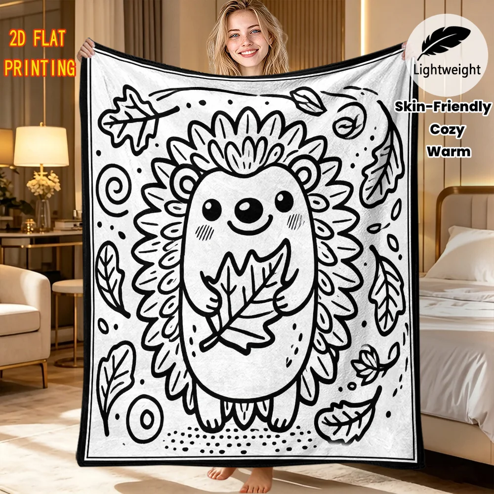 Skin Warm Flannel Blanket Monochrome Kawaii Hedgehog Autumn Leaf Sketch Pattern Light Portable Camping Throw DIY blanket