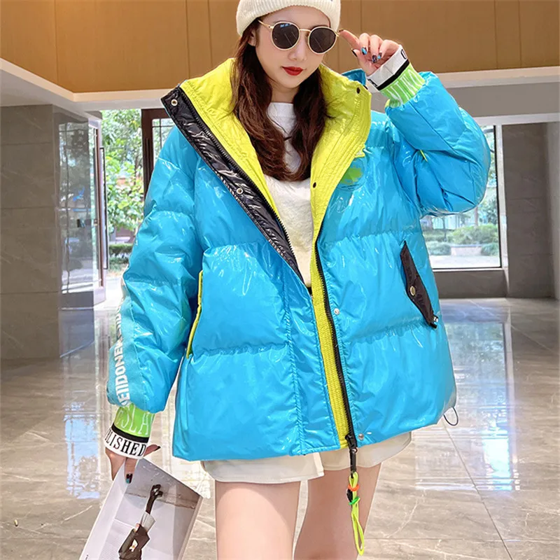 2022 Winter Jacket Women Letter Embroidery Fashion Spliced Glossy Hooded Down Jackets Short Parkas Thick Warm Cotton Coat Female