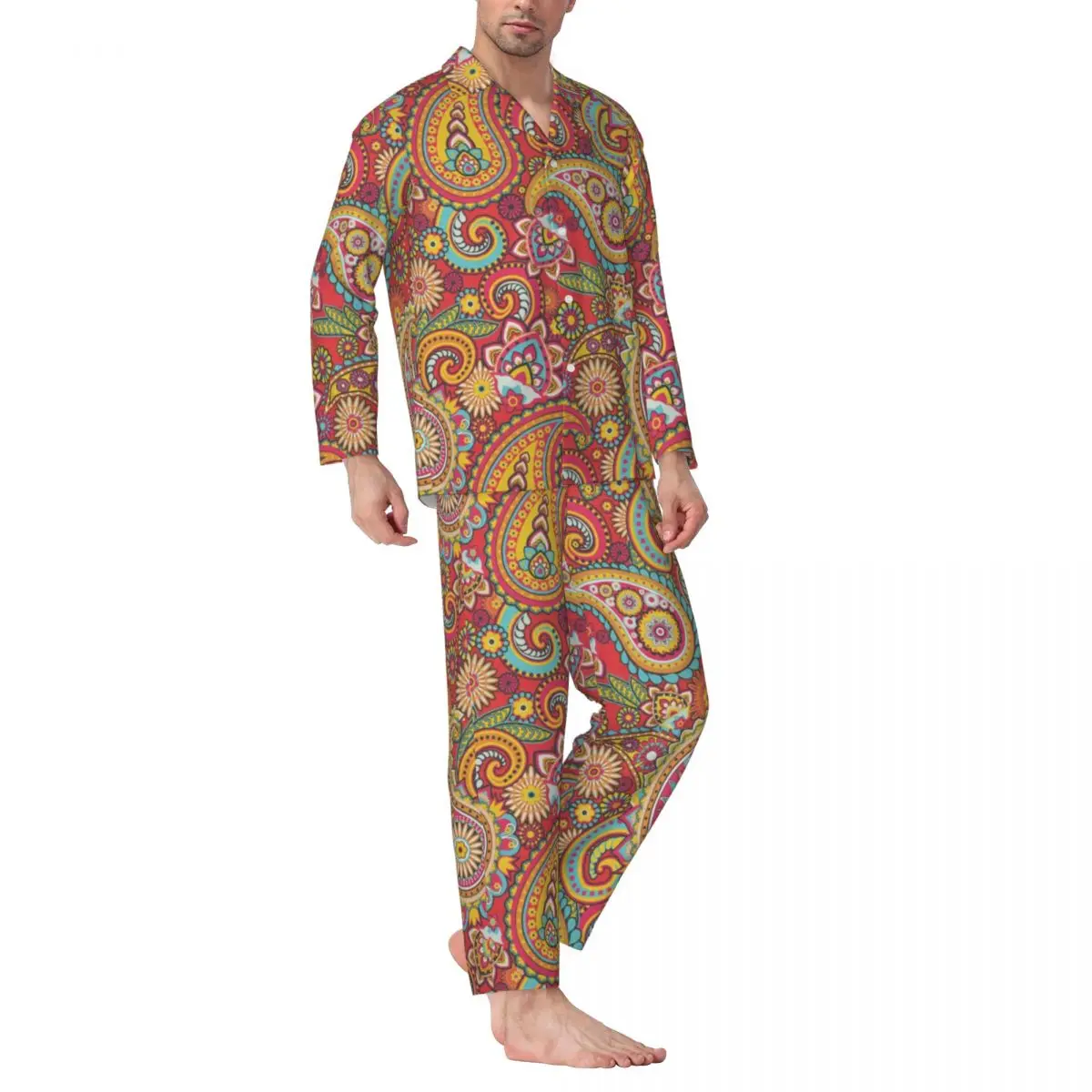 Pajamas Men Retro Paisley Sleep Sleepwear Trippy Hippy 2 Pieces Retro Pajama Set Long Sleeve Comfortable Oversized Home Suit