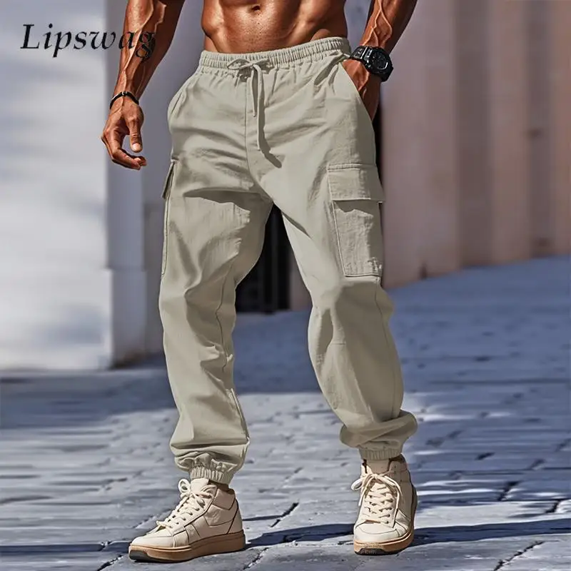 

Streetwear Fashion Mens Cargo Pants 2025 Summer Outdoor Vintage Drawstring Multi Pockets Linen Pants Men Casual Loose Trousers