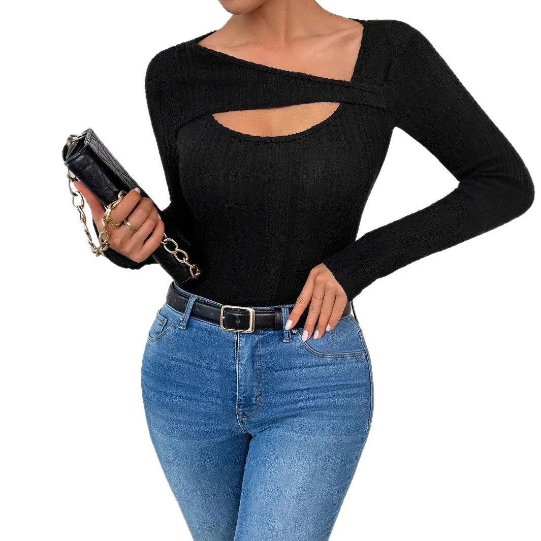 2025 New Women's Asymmetric Neck Hollow-Out Design Long Sleeve T-Shirt Tops for Women  Woman Clothing Top Women T-shirt Tank Top