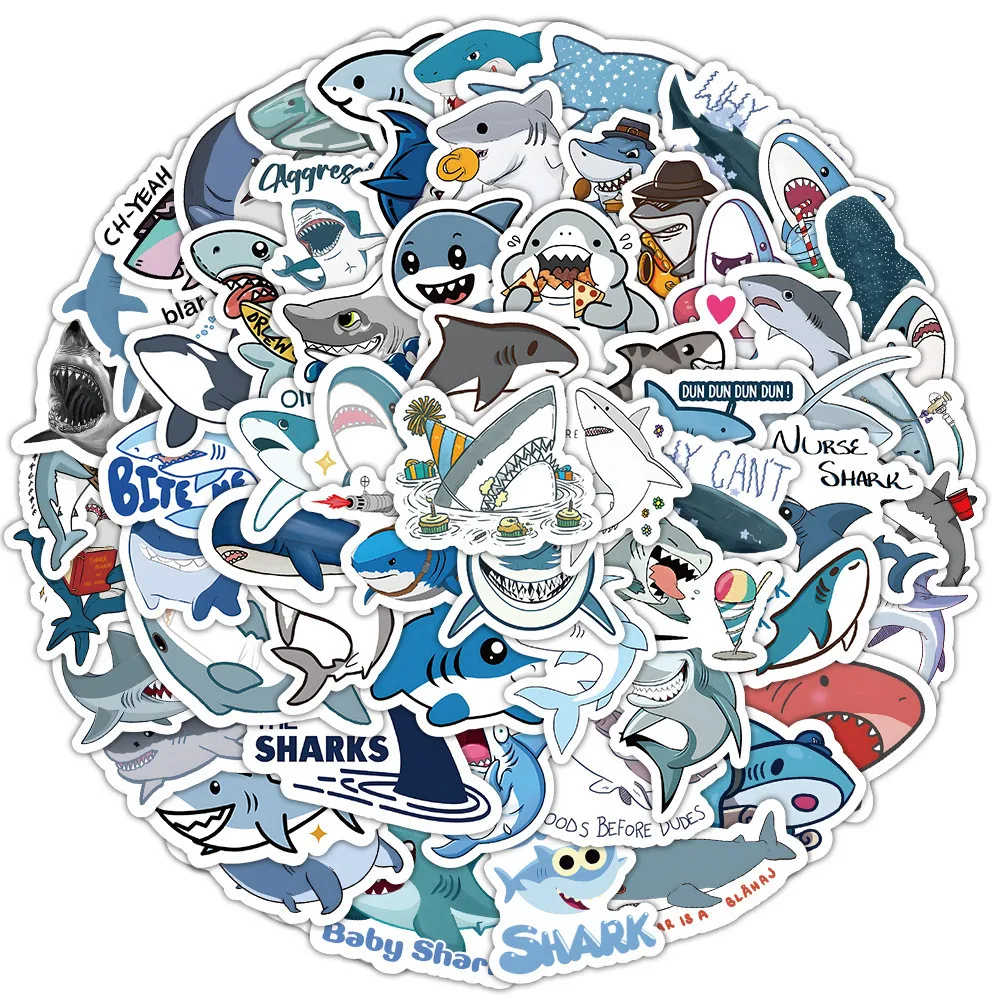 Juego de pegatinas de océano y tiburón de dibujos animados, decoración impermeable para equipaje y teléfonos, tienda AnimeWorlds, 100 Uds.