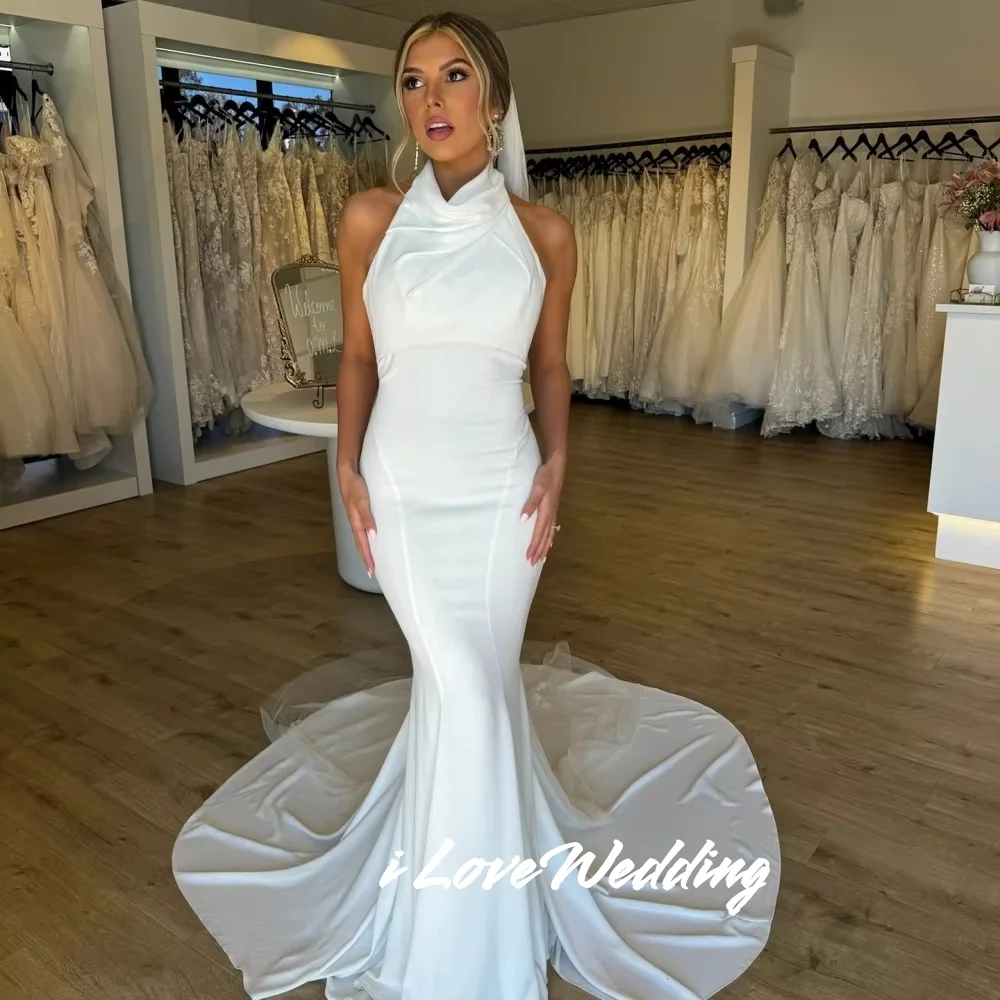 

White Halter Wedding Dressea Sleeveless Mermaid Evening Dress Sweep Train vestidos de novia Floor-Length Pleated Customized