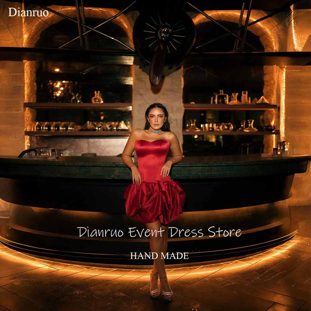 

Dianruo Red Sweetheart Ruffled Prom Dress Handmade Pleated Robe Soirée Femme Satin Short Ruffled Vestidos De Festa Customized