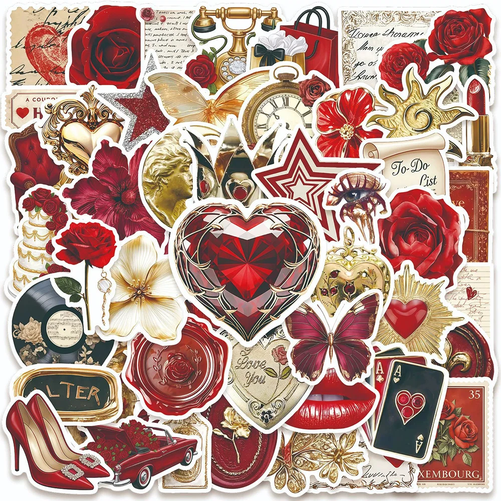 10/30/50 Stück Vintage Rote Rose Goldene Kunst-Aufkleber Ästhetische DIY Wasserflasche Handy Gepäck Retro Cartoon Graffiti Aufkleber Verpackung