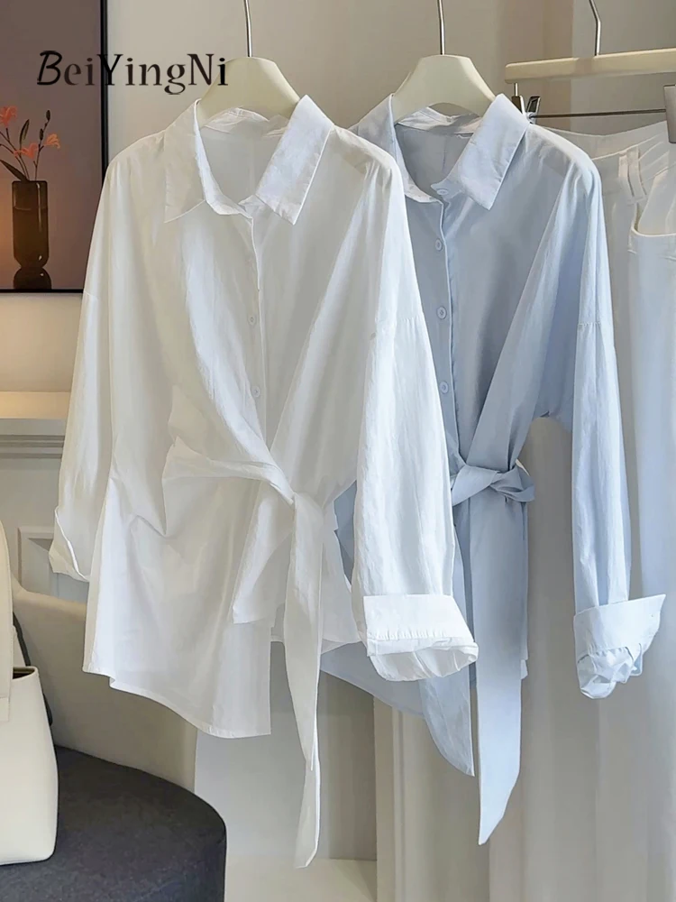 

Beiyingni Korean Design Women White Shirts Side Waist Strap Casual Chic Elegant Long Sleeve Tops Plain Office Ladies Shirt 2025