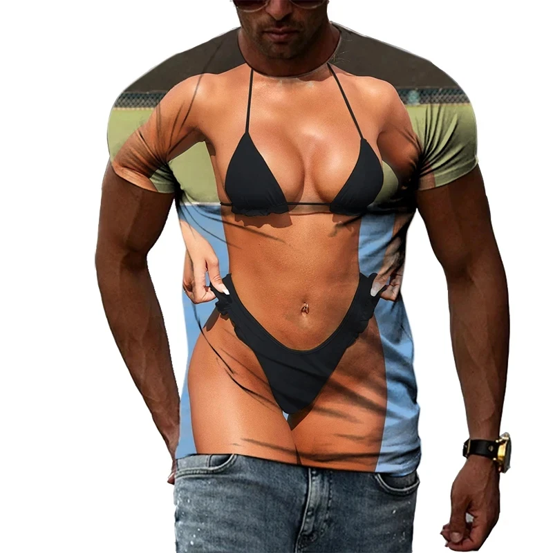 Hip Hop Beach Sexy Girl 3D Printed Men's T-shirt Summer Fun Alternative Fashion Round Neck Comfortable Short Sleeve