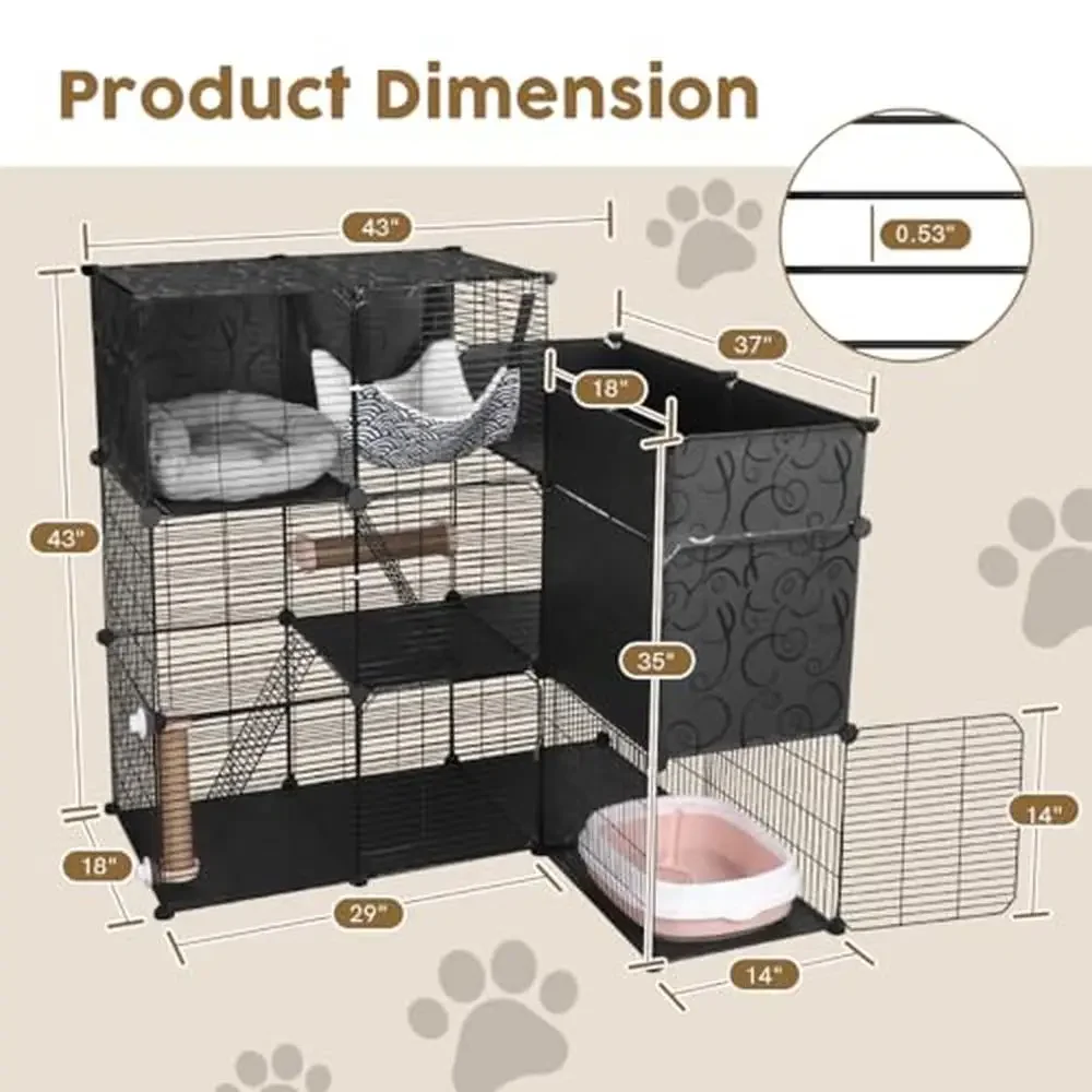 3-Tier L-Shape Cat Cage with Storage & Litter Box Metal Cat Enclosures Playpen Kennel DIY Indoor Cat Cages Kittens & Cats