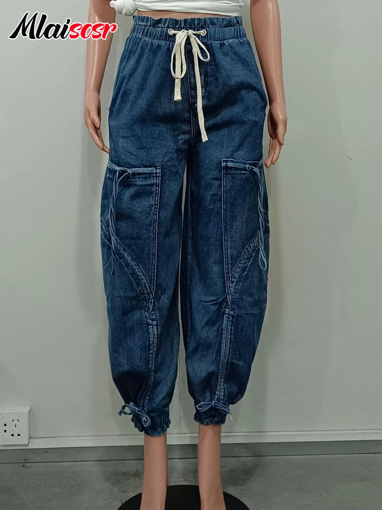 Mlaiscsr Mode Vrouwen Lantaarn Harem Jeans Trekkoord Bandage Losse Blauwe Rechte Wijde Pijpen Denim Broek Streetwear Broek y2k