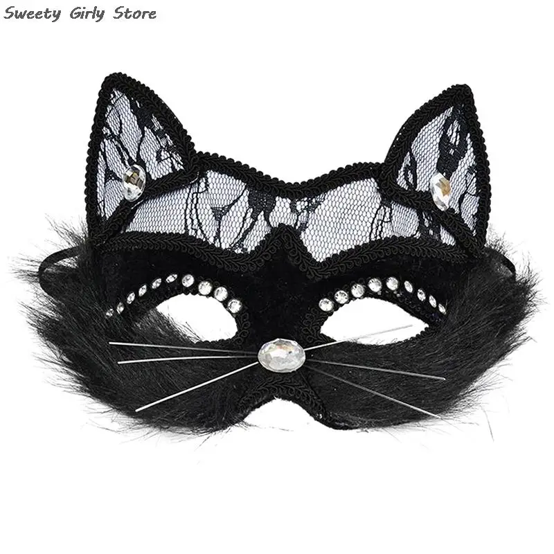 Black Cat Eye Mask with Crystal Fancy Dress Party Masquerade Masks Women Club Role Play Prop Cosplay Costume Sexy Lace Eyewear