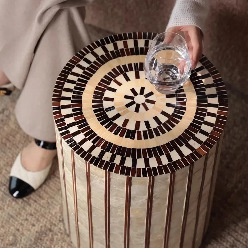 Luxury Cylindrical Side Table with Mother-of-Pearl Inlay & Stripe Accents, Round Drum Accent Table for Living Room & Bedroom
