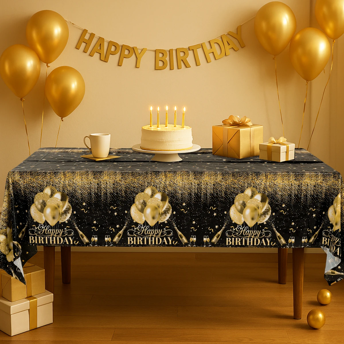 220x130cm Black Gold Rose Gold Disposable Tablecloth Birthday Party Decor for Men Women Years Old Table Cover Party Supplies