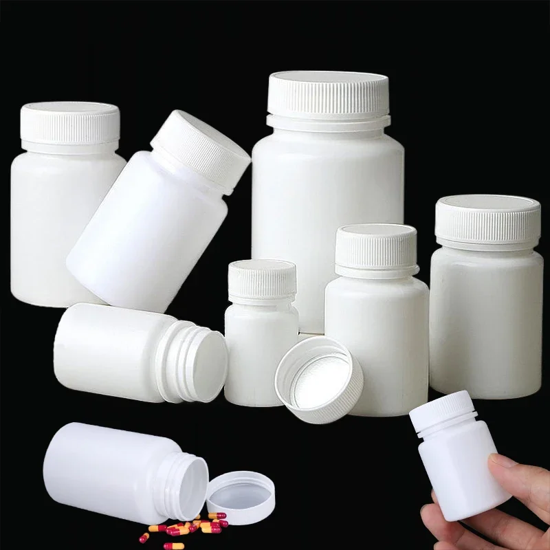 

100 шт. пустых белых пластиковых флаконов из HDPE объемом 15-100 мл с широким горлышком и крышкой, портативные контейнеры для таблеток и капсул для путешествий и дома