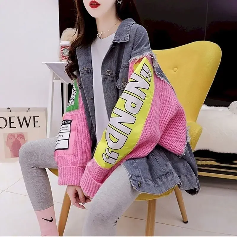 Autumn Trendy Jackets for Women Fashion Denim Stitching Sweater Cardigan Coat Korean Style Casual Loose Jacket Womens Clothing