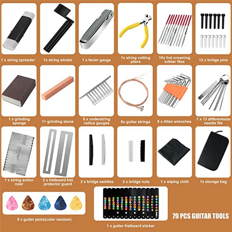 

79Pcs Guitar Tool Kit Guitar Replacement Parts Guitar Repair Kit With Guitar String Plectrum Bridge Pins Gauges