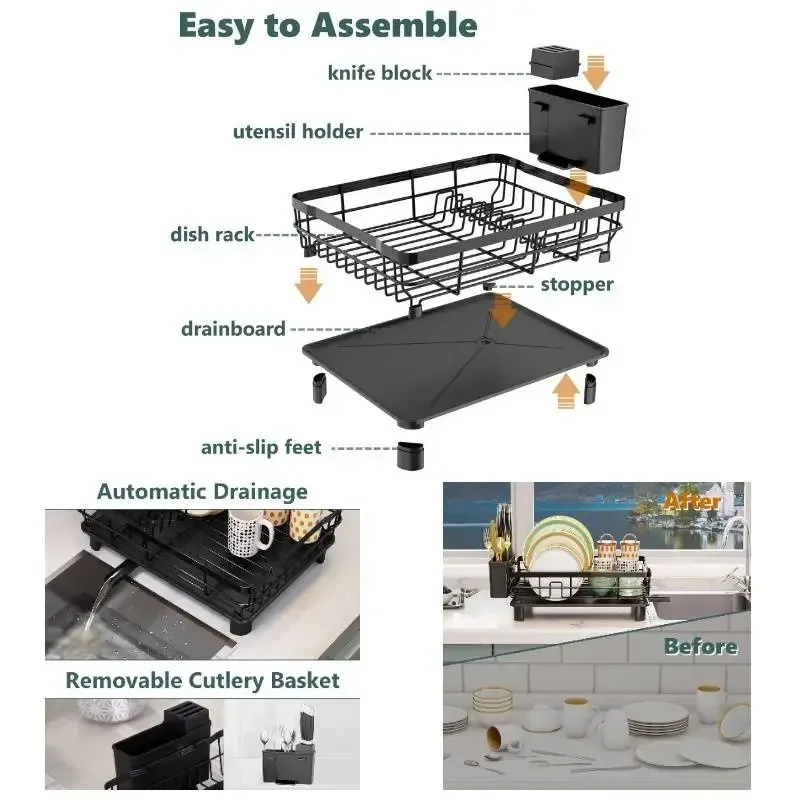 

Heavy-duty iron dish drying rack with drainboard, expandable drainer with utensil holder, knife slots, adjustable height