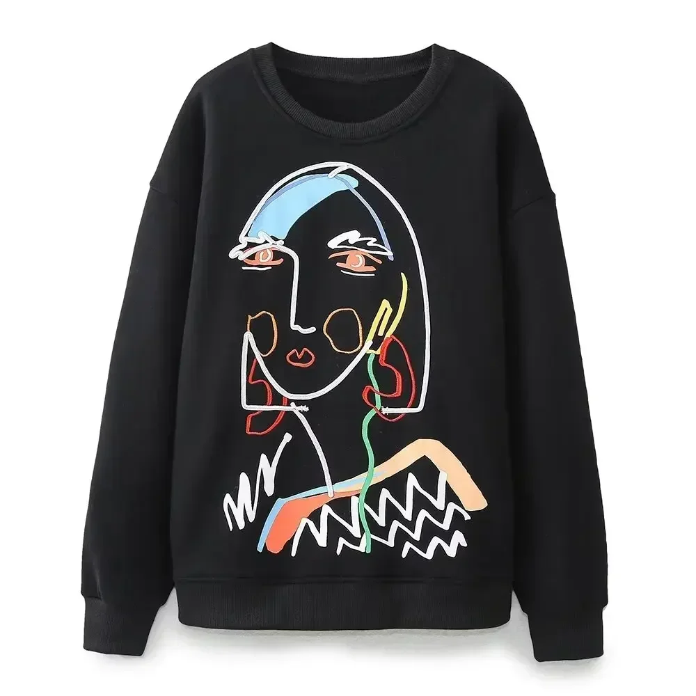 

Women 2023 New Fashion Printed embroidery decoration Loose O Neck Sweatshirts Vintage Long Sleeve Female Pullovers Chic Z0319