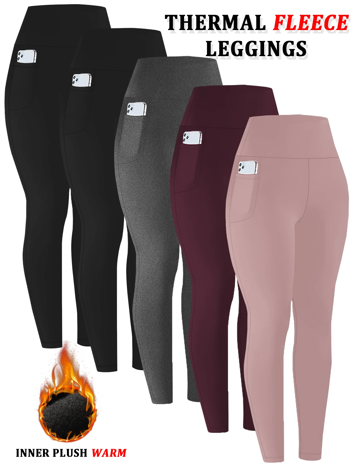 

5 Pack Women's High Waisted Fleece Lined Leggings with Pockets - Thick Warm Tights for Winter Workouts and Yoga