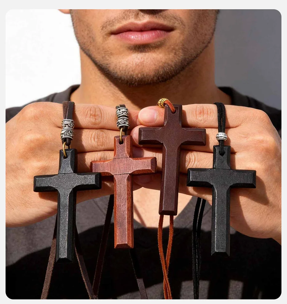 Vnox Vintage-Halskette mit Holzkreuz-Anhänger für Männer und Frauen, verstellbares 44–86 cm langes Lederband, christliches Gebetsamulett, Schmuck, Geschenk – Detail 2
