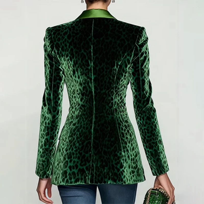 Fashion Women Leopard Print Slim Velvet Blazer Office Lady Notch Lapel Single Button Suit Jacket Coat Female Vintage Clothes
