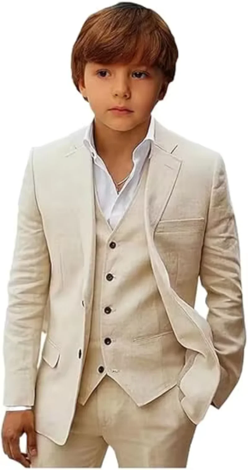 

Elegant Linen Suit for Boy Wedding Dresses Boys Suit 3 Pieces Set with Notch Lapel Casual Blazer Vest Pants Summer Beach Tuxedo