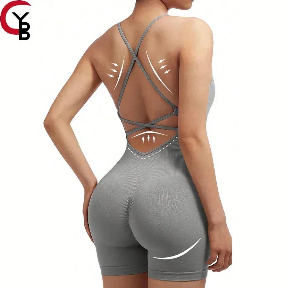 Yoga Sxy Criss Cross Backless Cami Sports Romper,Women's Jumpsuits Ribbed One Piece Workout Sleeveless Rompers Tank Top Shorts