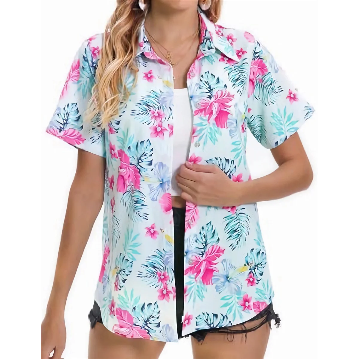 NEUE-Frauen Tropical Shirt Sommer Strand Hawaii Button-Down Kurzarm Blusen Floral Tops
