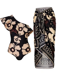 One Shoulder Floral Print Swimwear Summer Female 1 Piece Swimsuit and Cover Up Swim Suit Sexy Beach Wear Vacation  2023 New