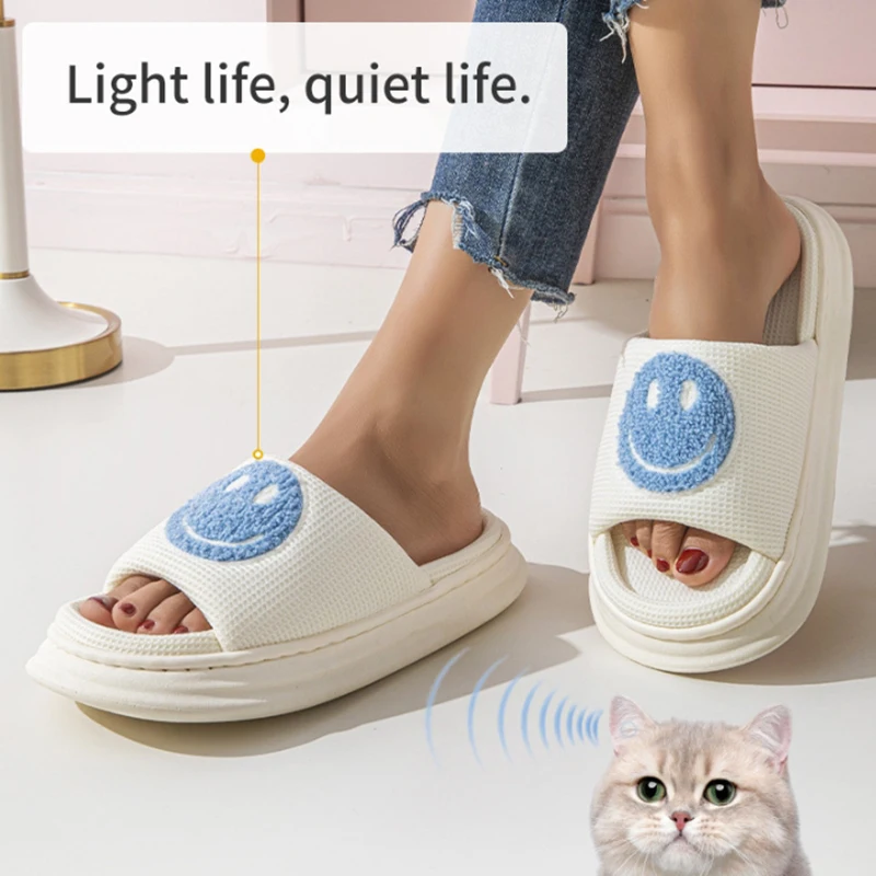 Lucyever Open Toe Smile Face Slippers Women Cute Couples Anti-slip Linen Slides Woman Thick Platform Indoor Slippers Size 45