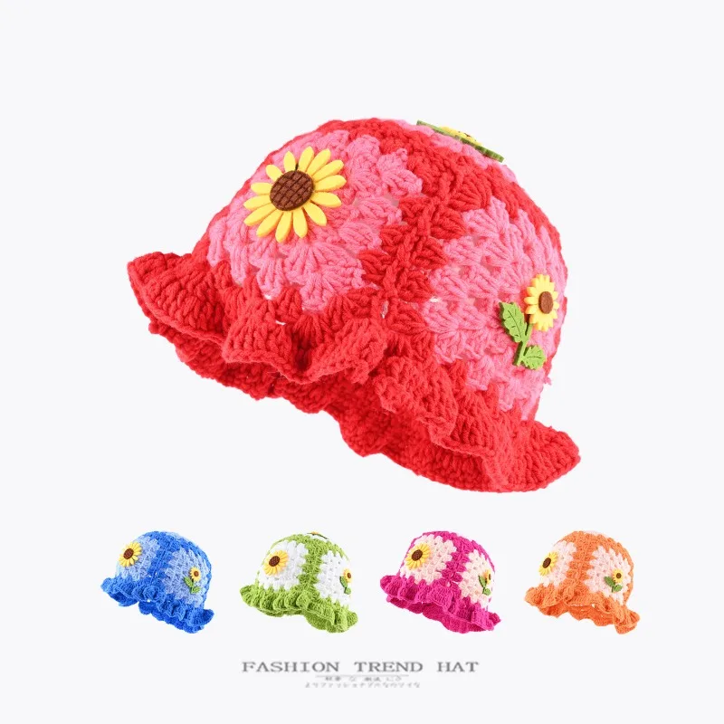 

Cute Sunflower Decorative Lotus Leaf Edge Handmade Crochet Bucket Hat Women's Spring and Autumn Warm Knitted Dome Basin Cap