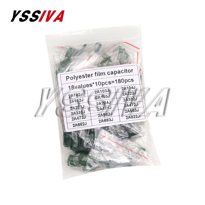 180pcs=18value*10pcs Polyester film capacitor Assorted Kit contains 2A104J 2A332J 2A472J 2A103J 2A333J 2A473J 2A563J 2A223J