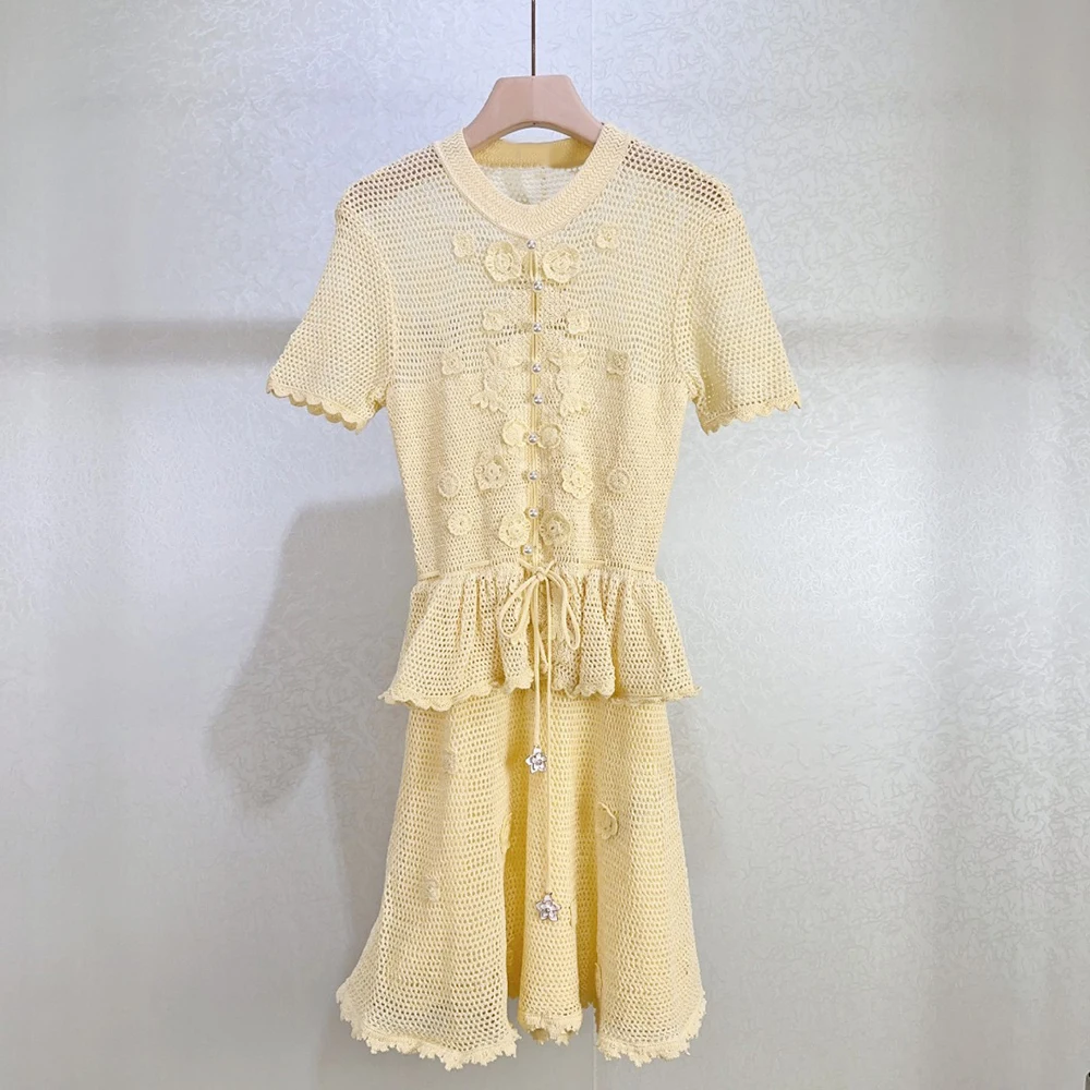 2026 New Hollow Out Knit Dress Women's Drawstring Waist Ruffle 3D Flower Short Sleeve A-line Dress Elegant Casual Midi Dresses