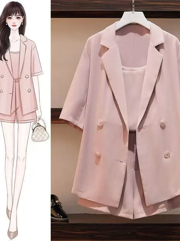 

plus Size Summer Women's Clothing Set with Strap Suit Jacket Shorts Three-Piece Set Meat Covering Fashionable Workwear Uniform
